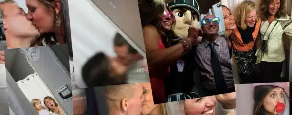 Collage of guests kissing, posing, and laughing with props, colorful glasses, mascot helmet, and playful expressions at celebration event