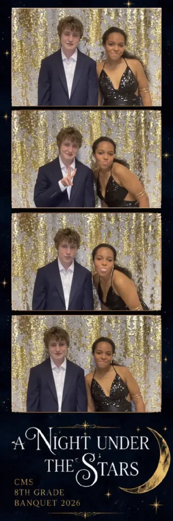 Photo booth strip of two students at CMS 8th Grade Banquet 2026 A Night Under the Stars with gold sequin backdrop