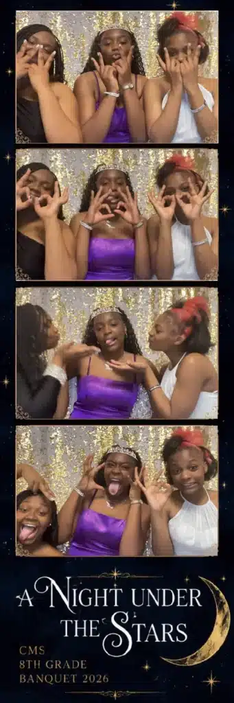 Photo booth strip of three students having fun at CMS 8th Grade Banquet 2026 school dance in Michigan