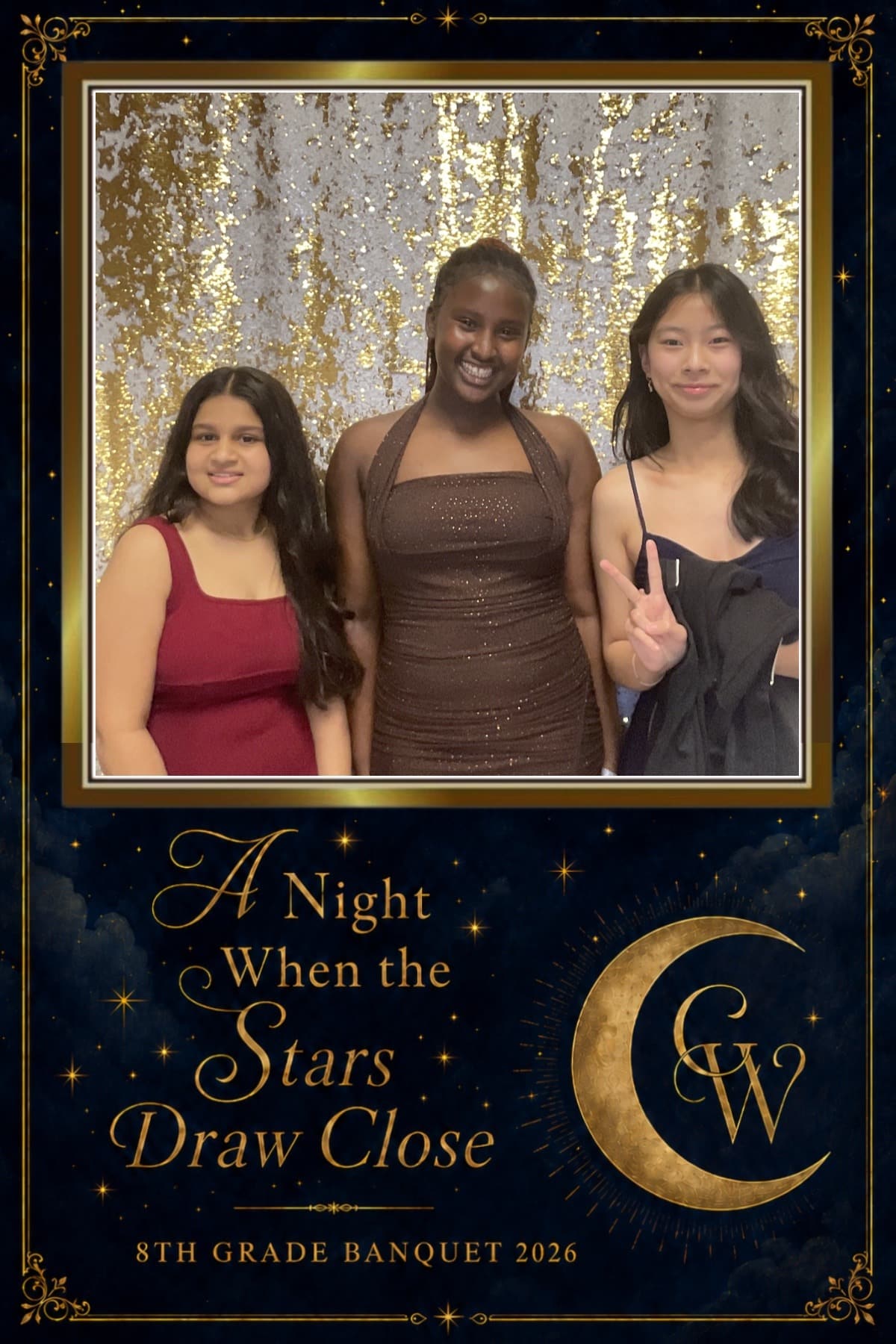 School event photo booth print of three students at an 8th grade banquet