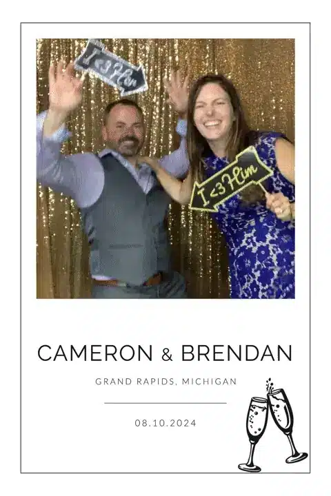 Wedding photo strip of Cameron & Brendan dancing joyfully before gold sequin backdrop, Grand Rapids celebration 08.10.2024